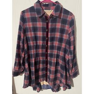 Soft Surroundings Plaid Paisley Button Down Blouse EUC Size Petite Small Pink